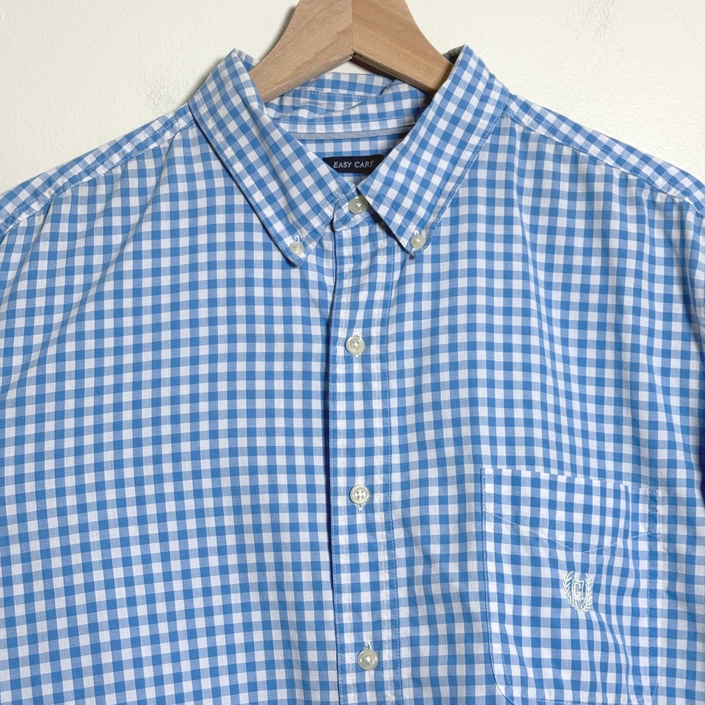 Chaps Mens Button Down Shirt XL Blue White Gingham Check Long Sleeve Easy Care